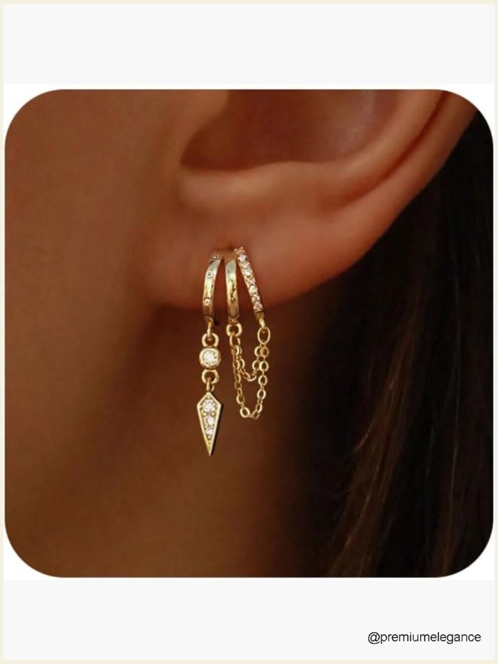14k Gold Plated Triple Huggie Stud Drop Earrings Dainty Chain